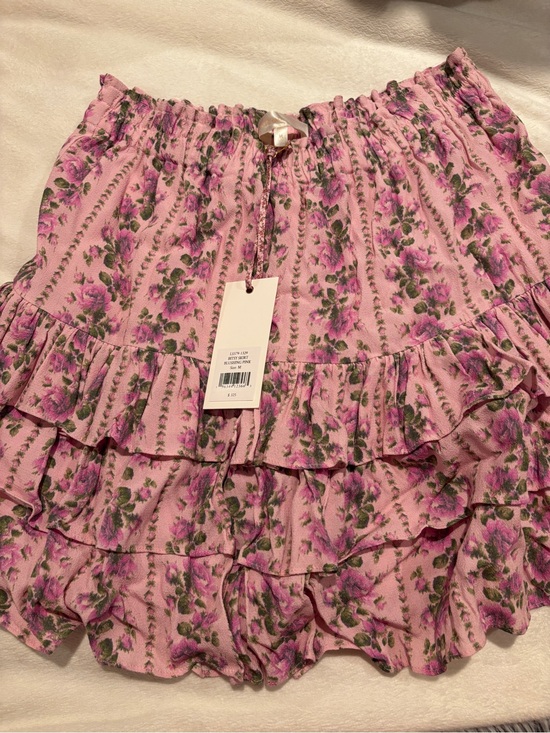 LoveShackFancy Dresses & Skirts - LoveShackFancy Pink Floral Ruffle Tiered Mini Skirt